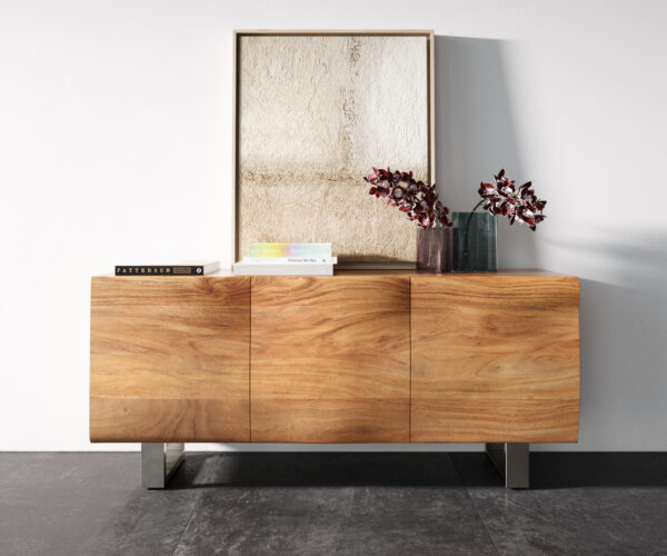 Příborník New Live-Edge 145 cm přírodní akácie 3 dveře běhoun kartáčovaná nerezová ocel - Image 4