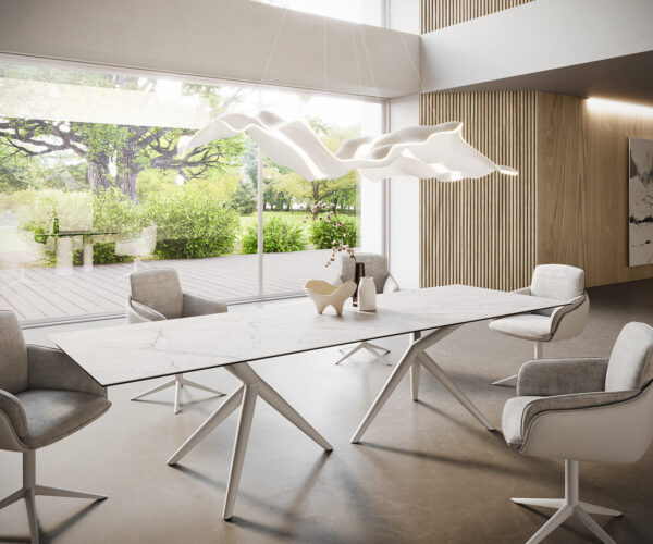 Jídelní stůl Edge 300x100 keramický Laminam®Statuarietto bílý Estelar kulatý kovový bílý