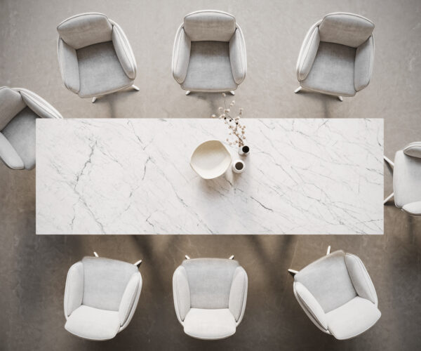Jídelní stůl Edge 300x100 keramický Laminam®Statuarietto bílý Estelar kulatý kovový bílý - Image 6