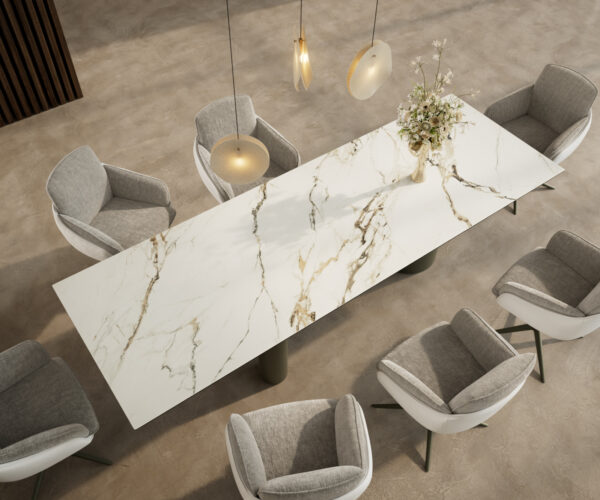 Jídelní stůl Edge 300x100 keramický Calacatta Luxe bílo-zlato-šedý Troa kovový efekt povrchová úprava titanová - Image 4