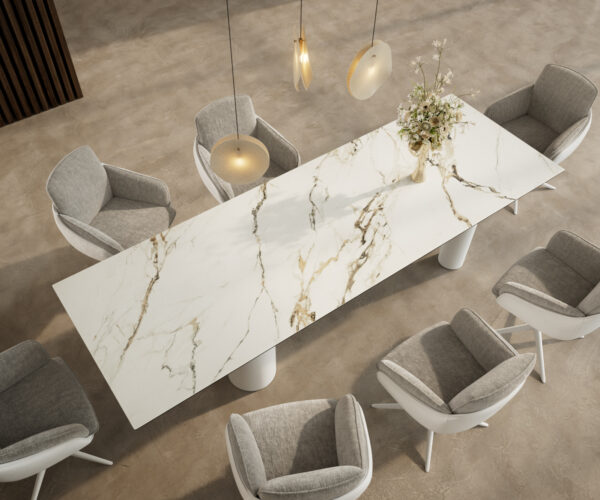 Jídelní stůl Edge 300x100 Keramika Calacatta Luxe bílá-zlatá-šedá Pilier Metal White - Image 4