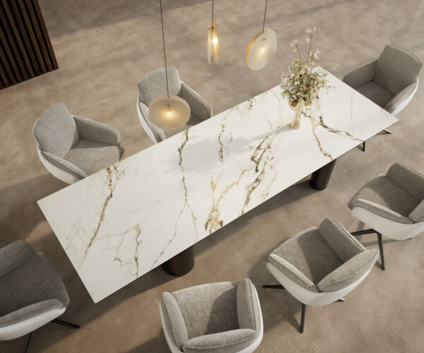 Jídelní stůl Edge 300x100 keramický Calacatta Luxe bílo-zlatošedý Pilier nerezová ocel grafitová - Image 4