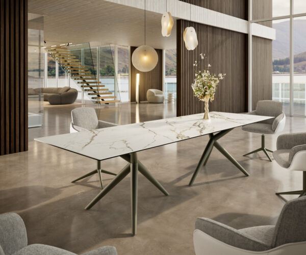 Jídelní stůl Edge 300x100 keramický Calacatta Luxe bílo-zlatošedý Estelar kulatý kovový efekt povrchová úprava titanová - Image 2
