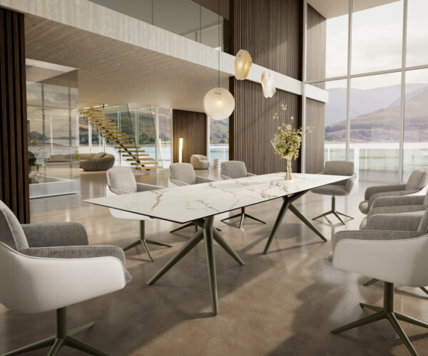Jídelní stůl Edge 300x100 keramický Calacatta Luxe bílo-zlatošedý Estelar kulatý kovový efekt povrchová úprava titanová - Image 6