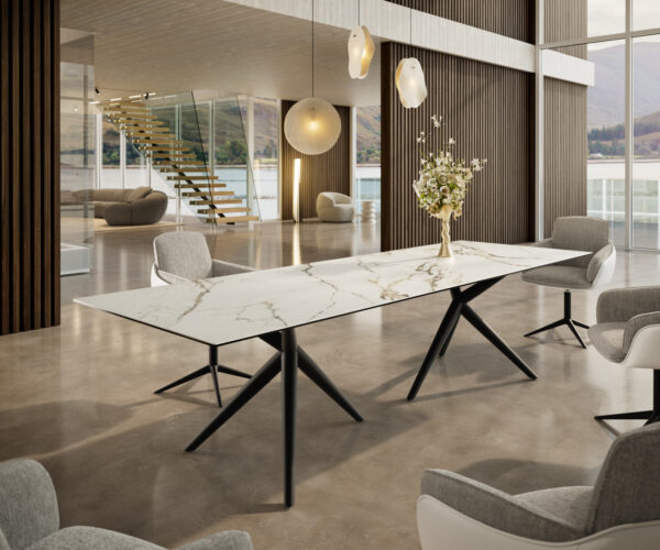 Jídelní stůl Edge 300x100 keramický Calacatta Luxe bílo-zlatošedý Estelar kulatý kovový černý - Image 2