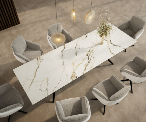 Jídelní stůl Edge 300x100 keramický Calacatta Luxe bílo-zlatošedý Estelar kulatý kovový černý - Image 4