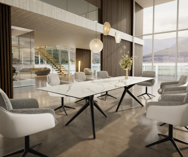 Jídelní stůl Edge 300x100 keramický Calacatta Luxe bílo-zlatošedý Estelar kulatý kovový černý - Image 6
