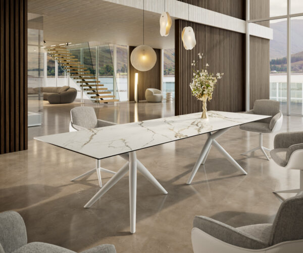 Jídelní stůl Edge 300x100 keramický Calacatta Luxe bílo-zlatošedý Estelar kulatý kovový bílý - Image 2