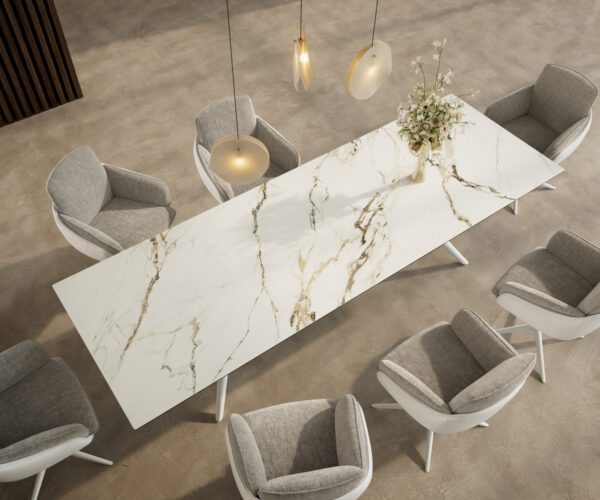 Jídelní stůl Edge 300x100 keramický Calacatta Luxe bílo-zlatošedý Estelar kulatý kovový bílý - Image 4