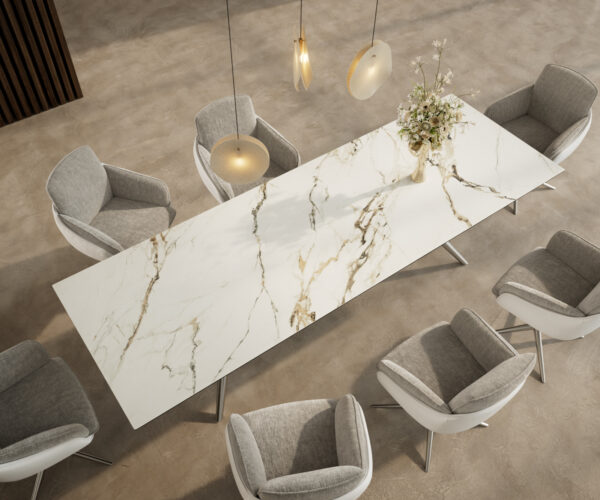 Jídelní stůl Edge 300x100 keramický Calacatta Luxe bílo-zlato-šedý Estelar kulatý nerezová ocel - Image 4