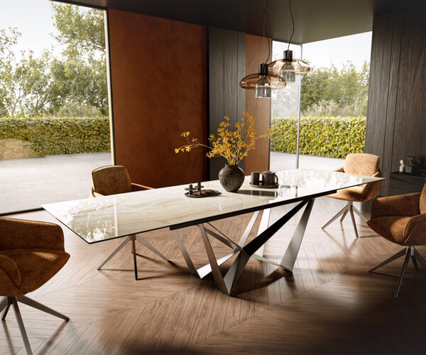 Jídelní stůl Edge 200-300x100 keramika Laminam® Onice Oro Spider plochá ocel nerezová ocel rozkládací