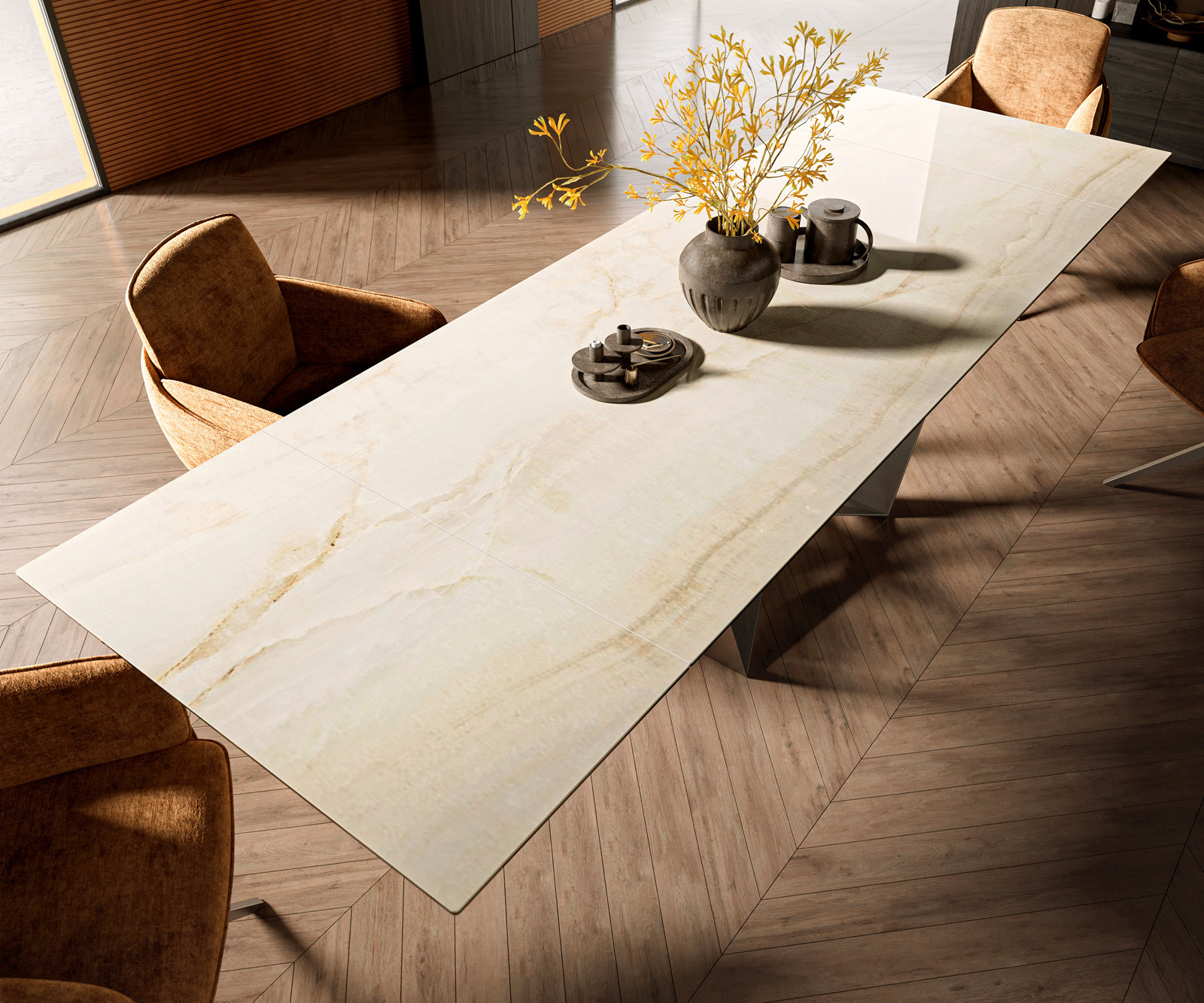 Jídelní stůl Edge 200-300x100 keramika Laminam® Onice Oro Spider plochá ocel nerezová ocel rozkládací - Obrázek 4