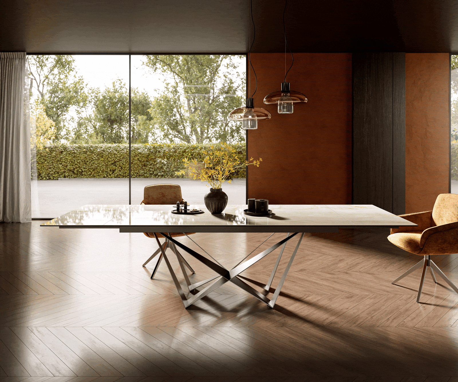 Jídelní stůl Edge 200-300x100 keramika Laminam® Onice Oro Spider plochá ocel nerezová ocel rozkládací - Obrázek 2