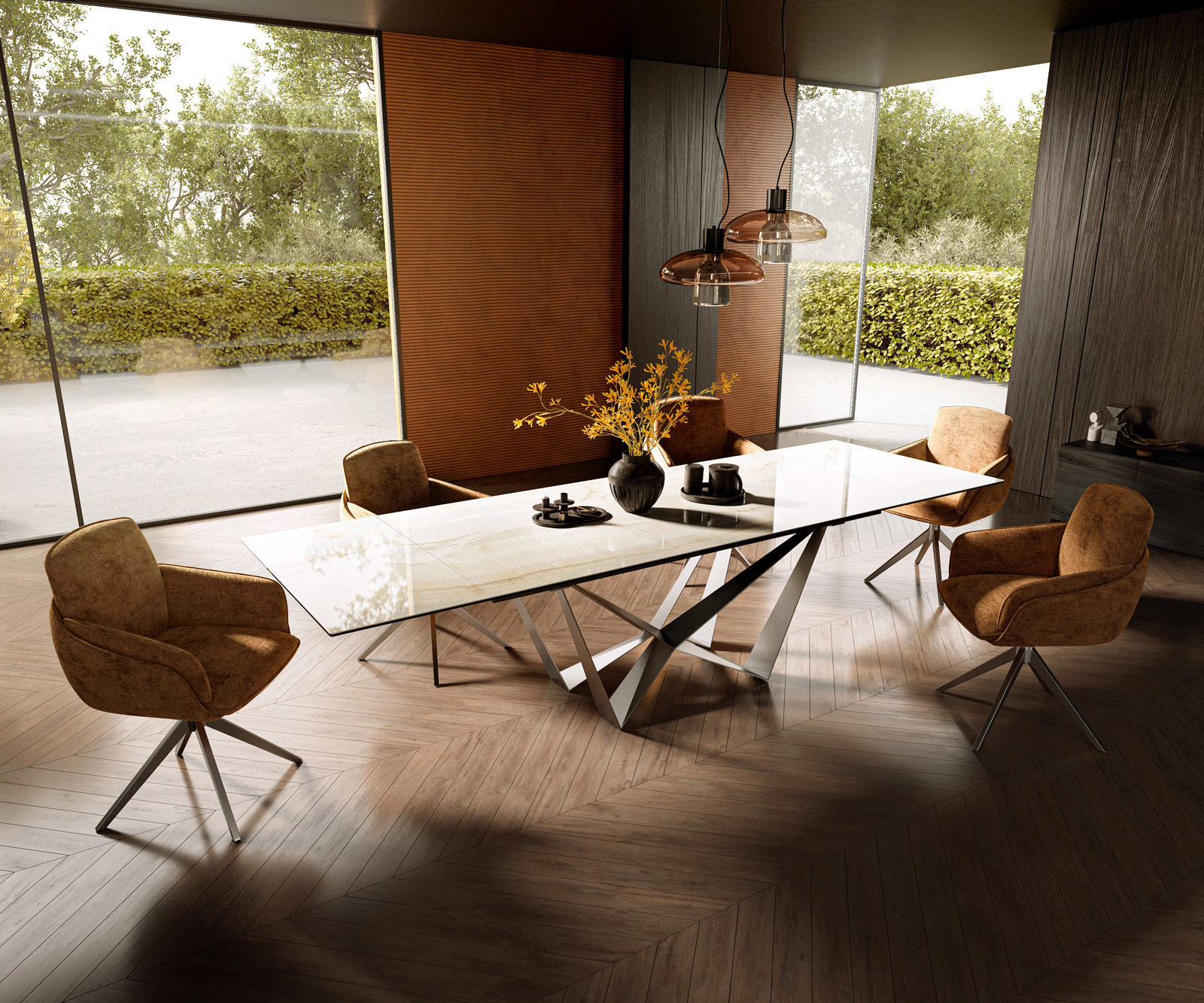 Jídelní stůl Edge 200-300x100 keramika Laminam® Onice Oro Spider plochá ocel nerezová ocel rozkládací - Obrázek 7