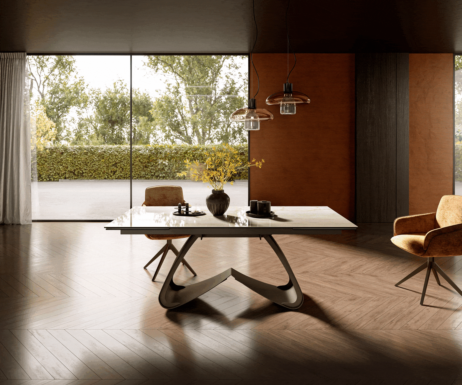 Jídelní stůl Edge 200-300x100 keramika Laminam® Onice Oro podnož ve tvaru W titanová barva rozkládací - Obrázek 2