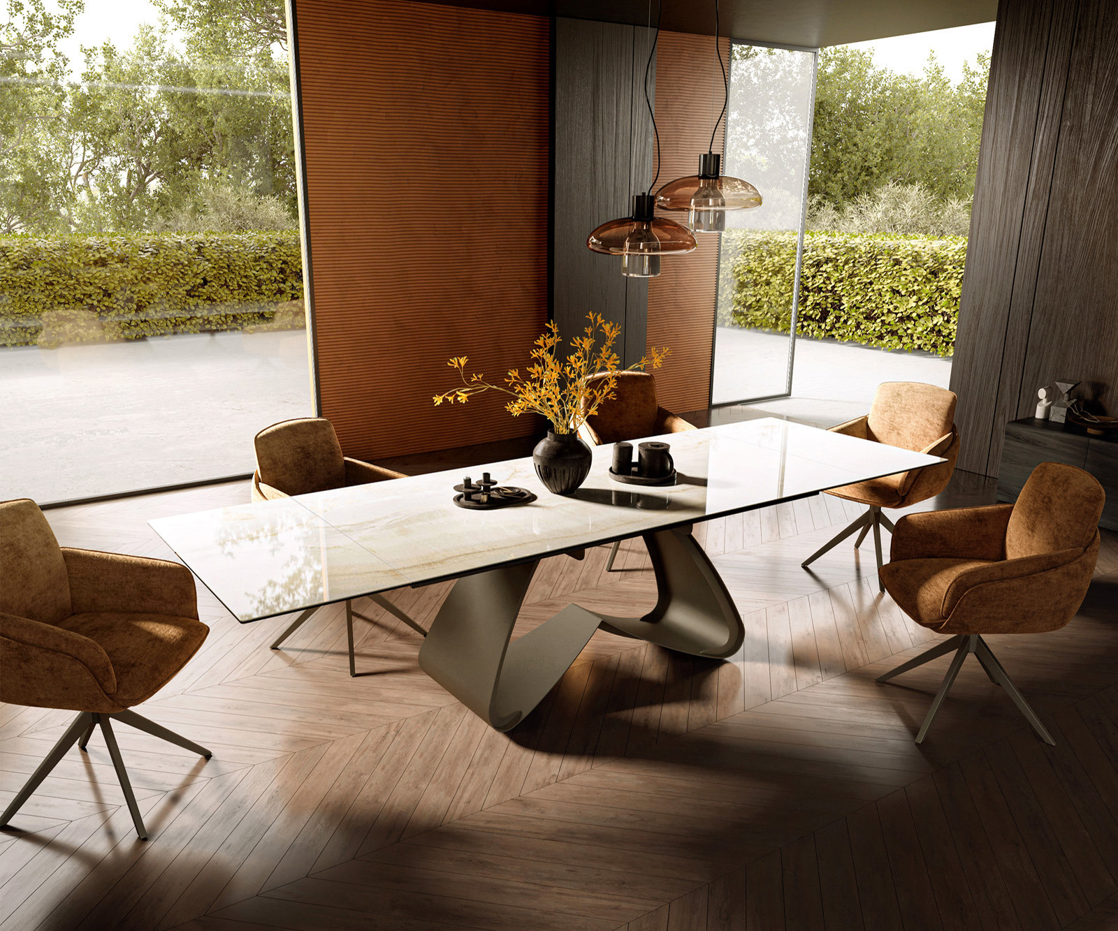 Jídelní stůl Edge 200-300x100 keramika Laminam® Onice Oro podnož ve tvaru W titanová barva rozkládací - Obrázek 7