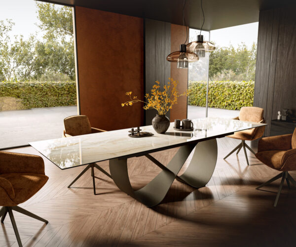 Jídelní stůl Edge 200-300x100 keramika Laminam® Onice Oro Infinity kov titanová efektová povrchová úprava rozkládací