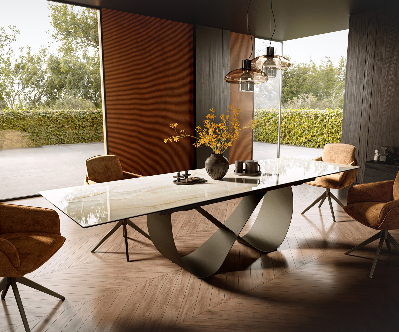 Jídelní stůl Edge 200-300x100 keramika Laminam® Onice Oro Infinity kov titanová efektová povrchová úprava rozkládací