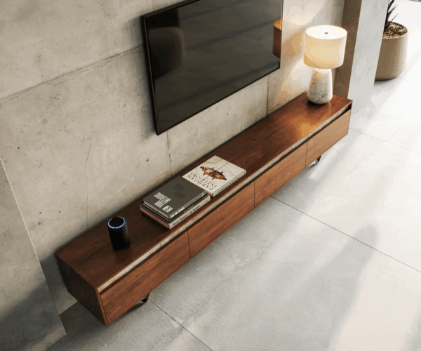 TV stolek Stonegrace 240 cm akácie hnědá břidlice 4 dvířka podnož ve tvaru "V" černá - Image 4