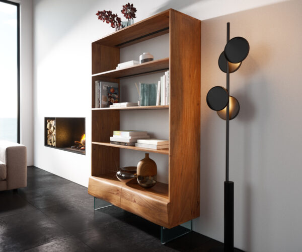 Regál New Live-Edge 115x150 cm akácie přírodní 2 zásuvky skleněná podnož závěsný
