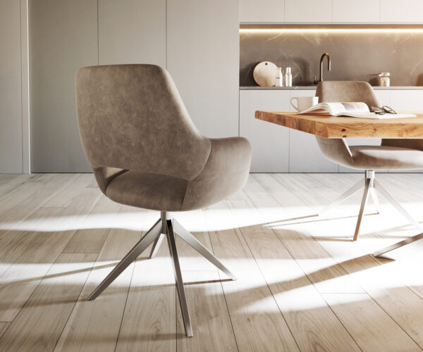 Otočná židle Yago-Flex s područkami křížová podnož široká nerezová ocel mikrovlákno taupe 360° - Image 5
