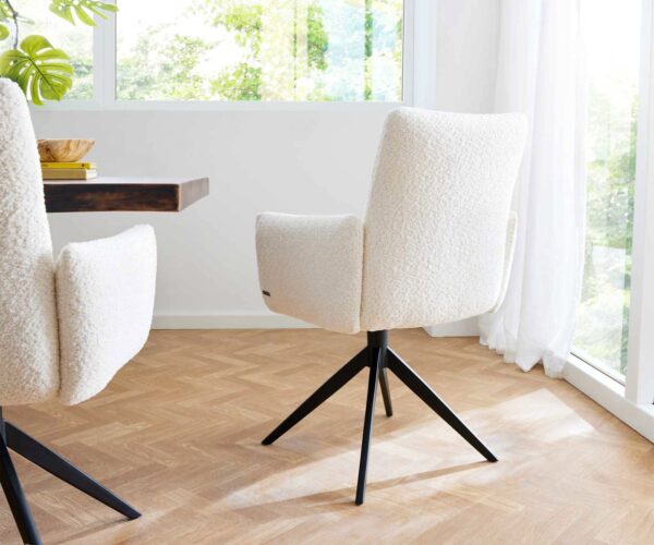 Otočná židle Jova-Flex s područkami křížová podnož široká kov černá bouclé bílá 180° taštičkové pružiny - Image 5