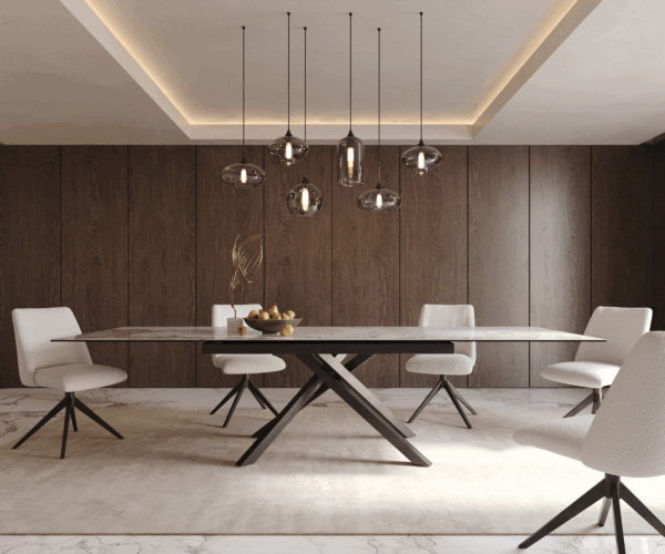 Jídelní stůl Edge 200-300x100 keramika minas melange bílo-béžová křížová podnož hranatá černá rozkládací - Image 5