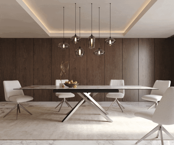 Jídelní stůl Edge 200-300x100 keramika minas melange bílo-béžová křížová podnož hranatá nerezová rozkládací - Image 5