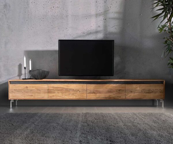TV stolek Stonegrace 240 cm přírodní akácie 4 dvířka podnož oválná nerezová ocel - Image 3