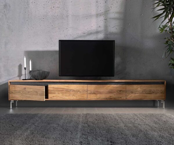 TV stolek Stonegrace 240 cm přírodní akácie 4 dvířka podnož oválná nerezová ocel - Image 5