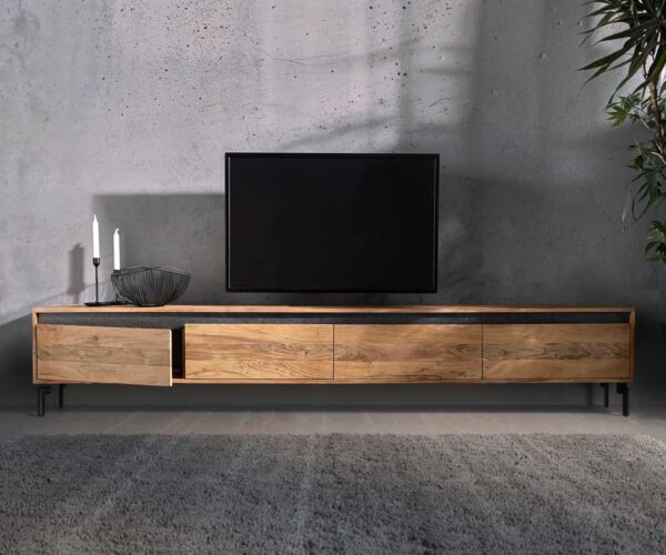 TV stolek Stonegrace 240 cm přírodní akácie 4 dvířka podnož oválná kov černá - Image 5