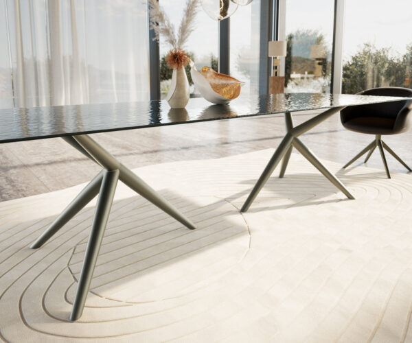 Jídelní stůl Edge 300x100 reliéfní sklo kouřové černé 3D design Estelar kulatý kovový efekt povrchová úprava titanová - Image 5