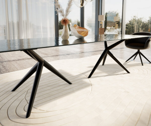 Jídelní stůl Edge 300x100 reliéfní sklo kouřové černé 3D design Estelar kulatý kov černý - Image 5