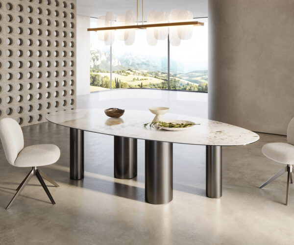 Jídelní stůl Edge Oval 280x130 keramický Minas Melange bílo-béžový Pilier nerezová ocel grafitová - Image 4
