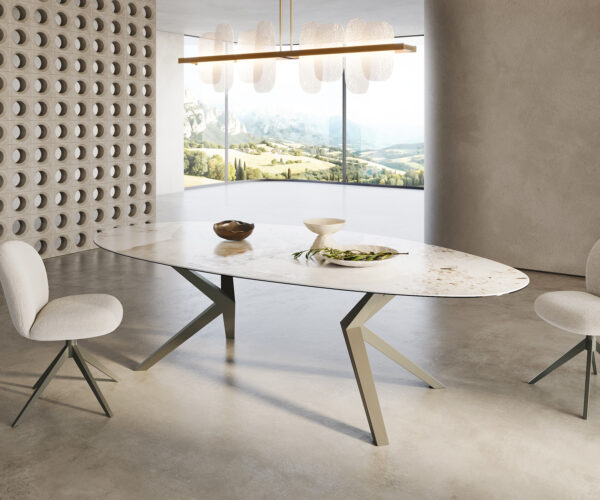 Jídelní stůl Edge Oval 280x130 keramický Minas Melange bílo-béžový Zenthara hranatý kovový efekt povrchová úprava titanová - Image 4
