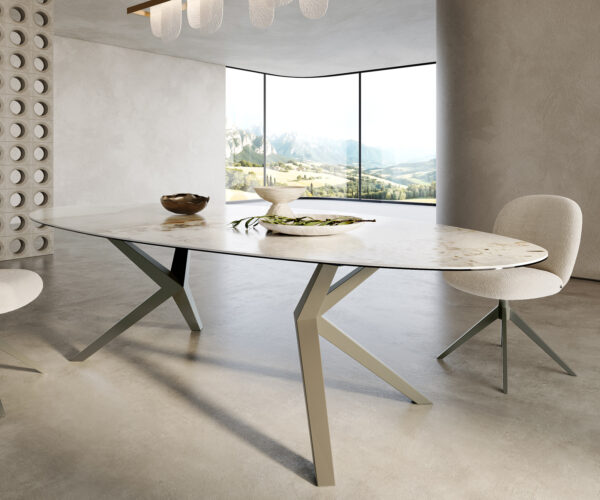 Jídelní stůl Edge Oval 280x130 keramický Minas Melange bílo-béžový Zenthara hranatý kovový efekt povrchová úprava titanová - Image 6
