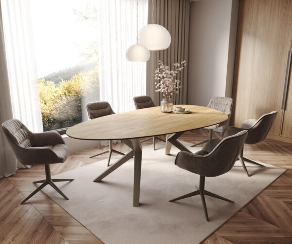 Jídelní stůl Edge Oval 220x120 keramický Laminam® Sabbia dubová barva Zenthara hranatý kovový efekt titanová povrchová úprava - Image 7