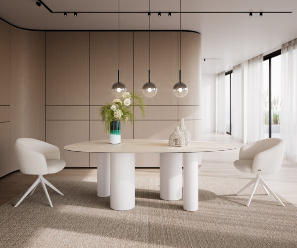Jídelní stůl Edge Oval 220x120 Keramický Laminam®Travertino Bianco Cream-White ?Pilier Metal White - Image 2