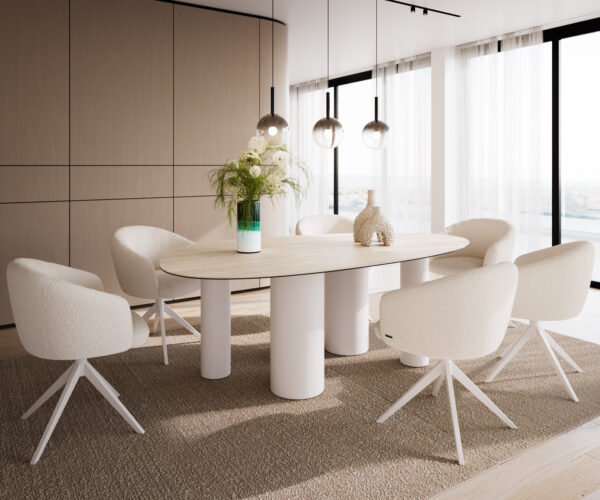 Jídelní stůl Edge Oval 220x120 Keramický Laminam®Travertino Bianco Cream-White ?Pilier Metal White - Image 6
