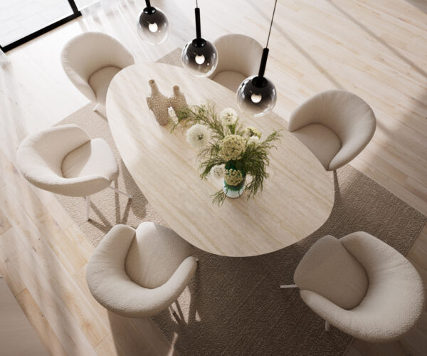 Jídelní stůl Edge Oval 220x120 Keramický Laminam®Travertino Bianco Cream-White ?Pilier Metal White - Image 4