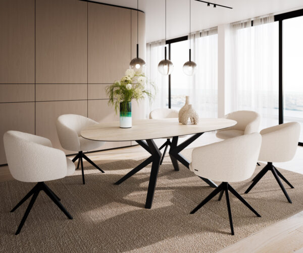 Jídelní stůl Edge Oval 220x120 Ceramic Laminam®Travertino Bianco Cream-White? Zenthara hranatý kov černý - Image 6