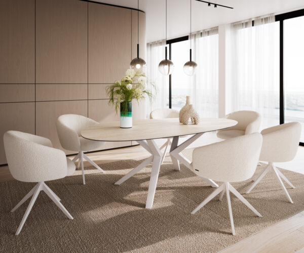 Jídelní stůl Edge Oval 220x120 Ceramic Laminam®Travertino Bianco Cream-White? Zenthara hranatý kov bílý - Image 6