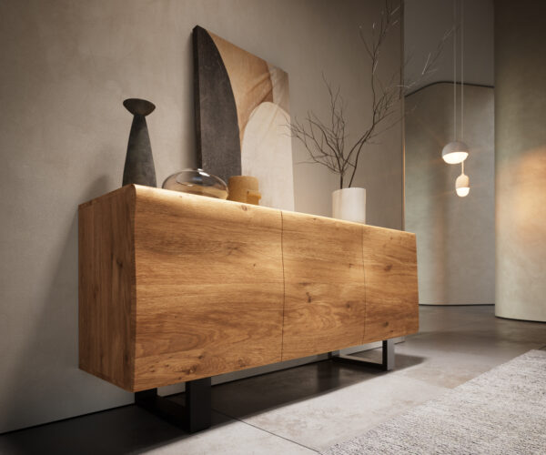 Příborník New Live-Edge 145 cm přírodní dub 3 dvířka tenká podnož kovová černá - Image 9
