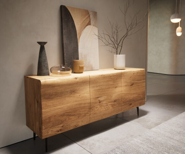 Příborník New Live-Edge 145 cm přírodní dub 3 dvířka šikmá podnož kovová černá - Image 8