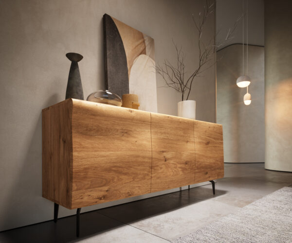 Příborník New Live-Edge 145 cm přírodní dub 3 dvířka šikmá podnož kovová černá - Image 9