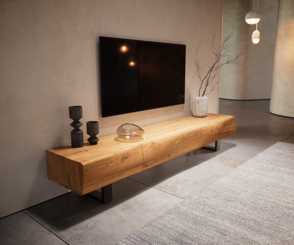 TV stolek New Live-Edge 200 cm dub přírodní 4 dvířka kovová tenká podnož černá - Obrázek 8