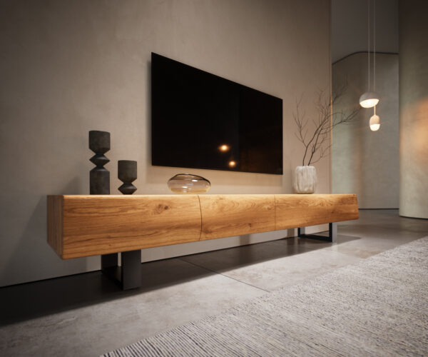 TV stolek New Live-Edge 200 cm dub přírodní 4 dvířka kovová tenká podnož černá - Obrázek 9