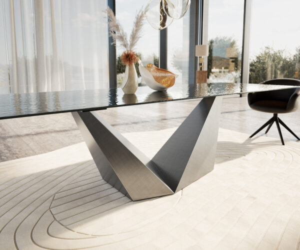 Jídelní stůl Edge 300x100 sklo s reliéfem kouřově černé 3D design Prisma kovová stříbrná - Obrázek 5