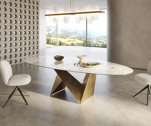 Jídelní stůl Edge Oval 280x130 Keramika Minas Melange bílo-béžová Origami Metallic Gold - Image 4