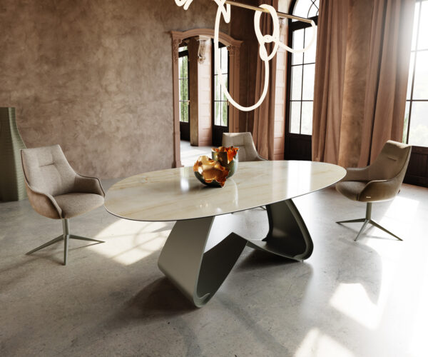 Jídelní stůl Edge Oval 220x120 keramický Iris FMG Onice Oro W-rám kovový efekt povrch titanová barva